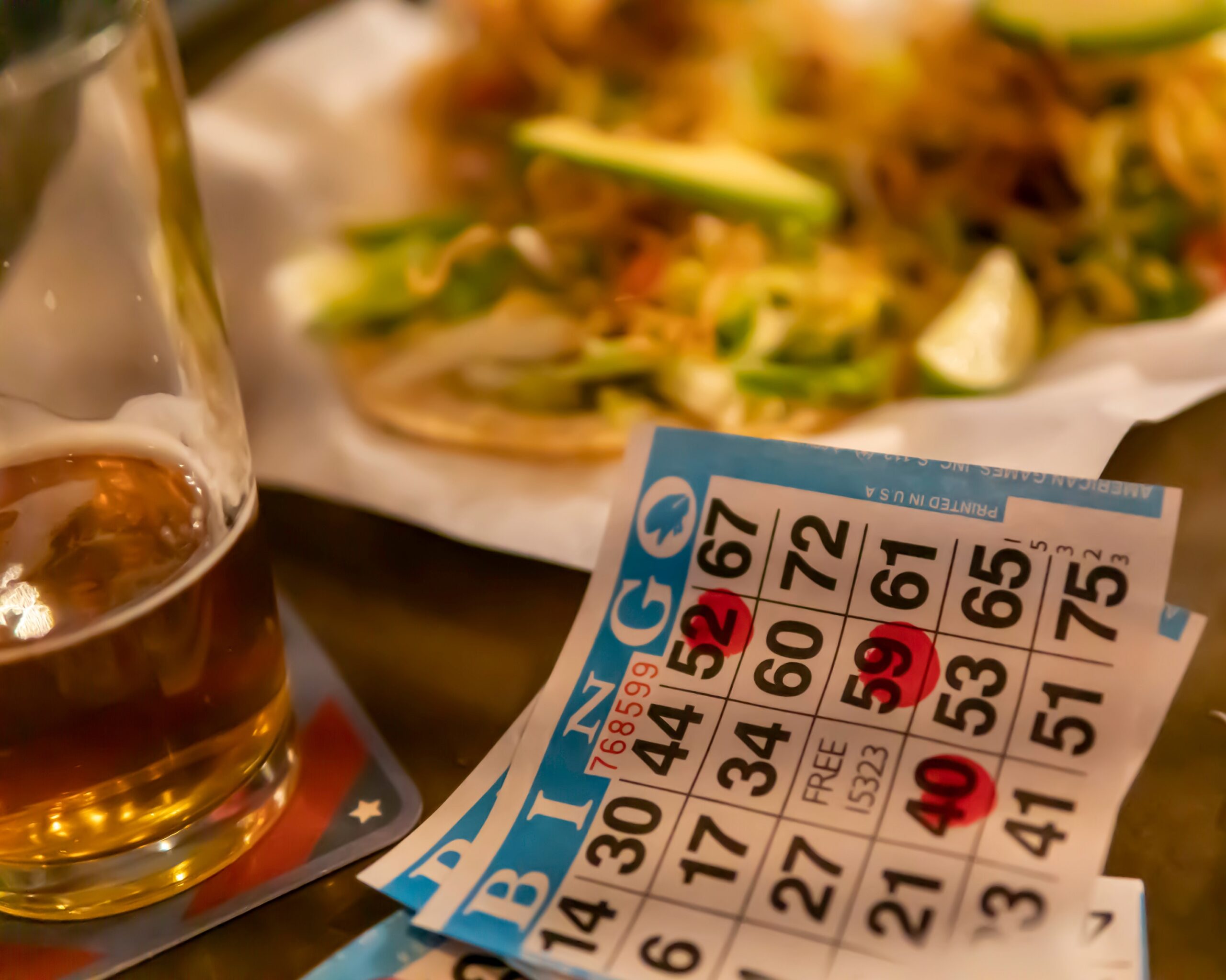 bingo, tacos, beer, food, glass, tea, drink, meal, healthy, cup, dinner, salad, beverage, cuisine, wine, plate, restaurant, dish, table, gourmet, alcohol,