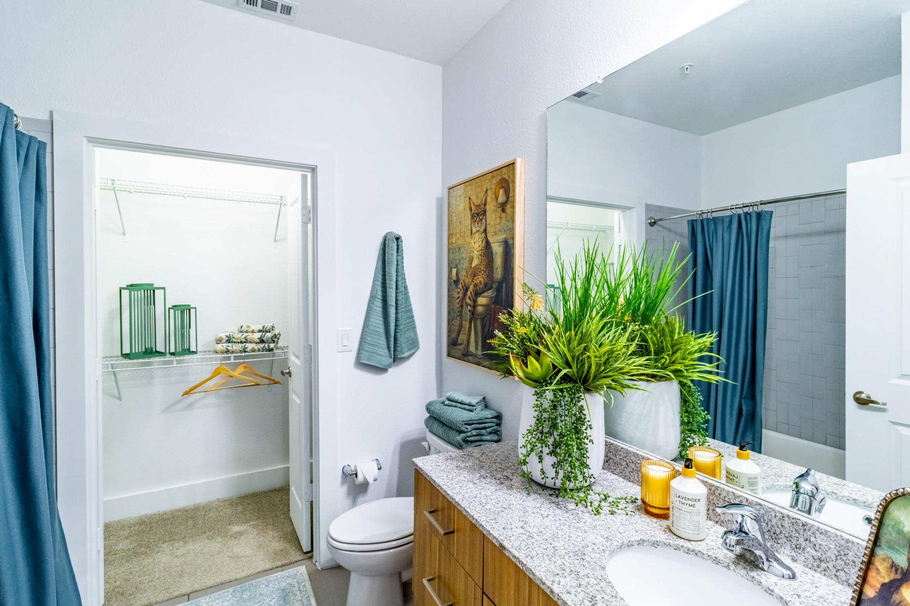 Model bathroom and spacious closet at Pointe San Marcos